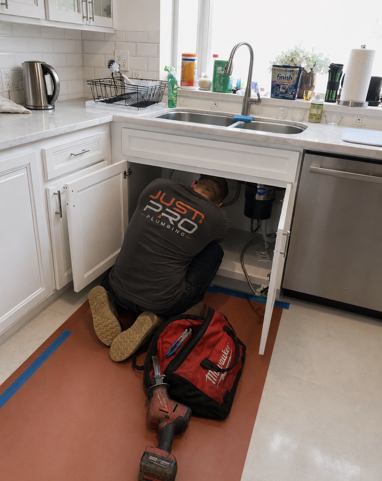 Just Pro Plumbing technician in branded workwear repairing under a kitchen sink